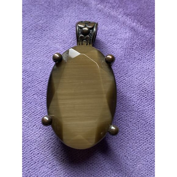 Vintage Brass Tiger’s Eye Pendant Oval Faceted Cabochon Boho Goth Fairy Artisan - Picture 1 of 13